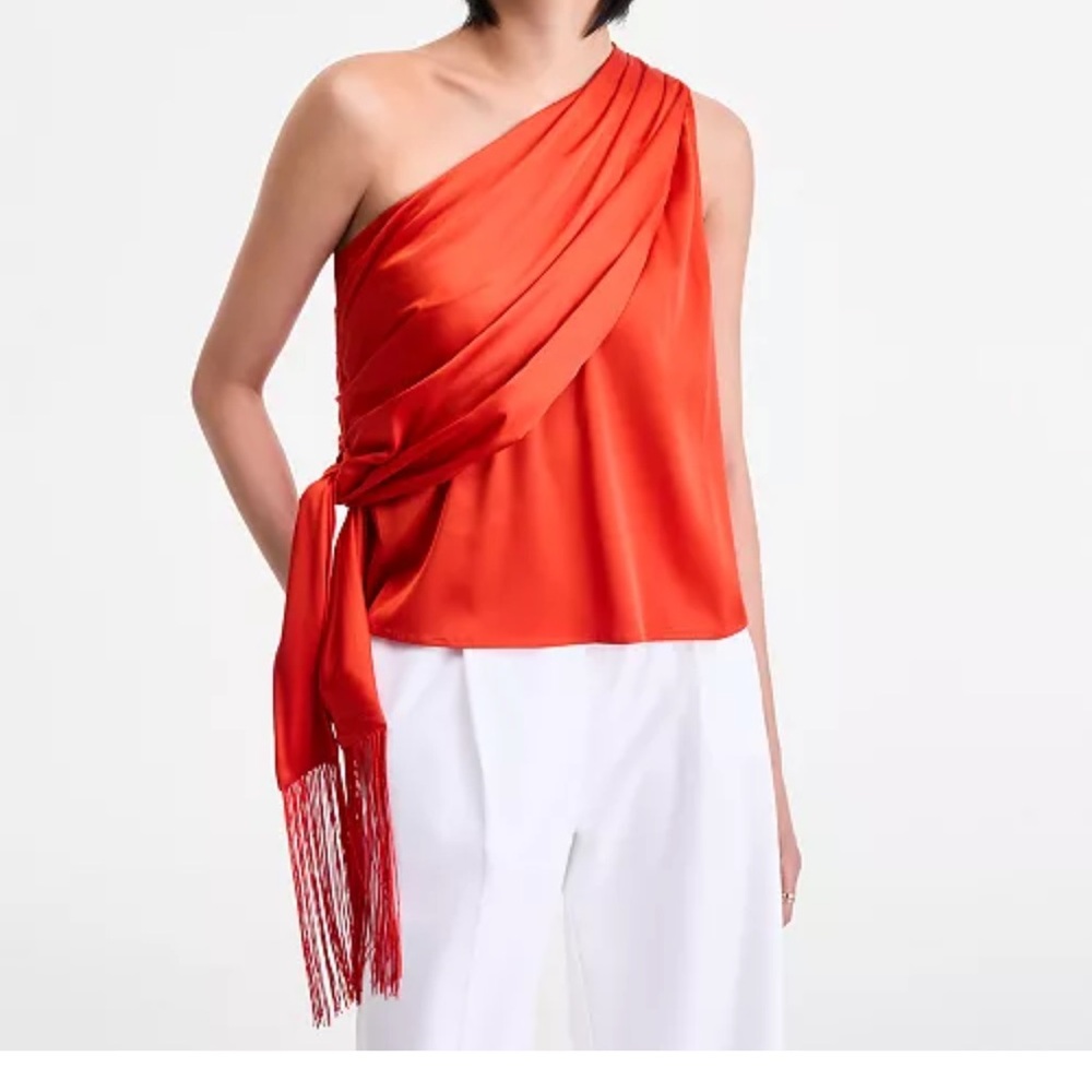 NWT! One-Shoulder Draped Fringe Top — Red, XL